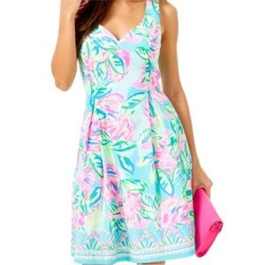 🆕 Lilly Pulitzer Vibrant Floral Midi Linnet Stretch Dress - Pink and Blue Sz. 12
